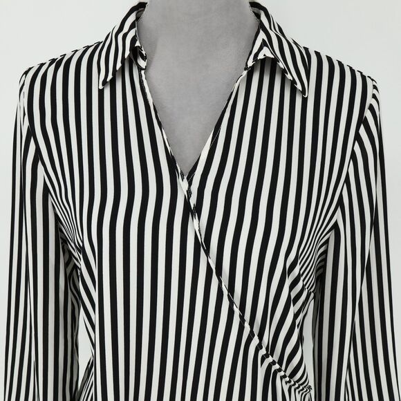 Talbots Top Small Womens Black White Stripe Blouse Side Zip Faux Wrap Pullover - Picture 8 of 13